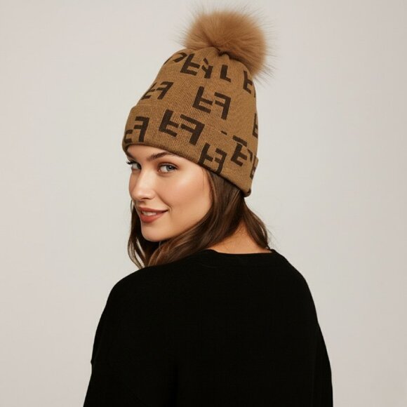Knit Beanie Tuque with Faux Fur Pom – Brown & Tan Double F Pattern Hat - Picture 6 of 16